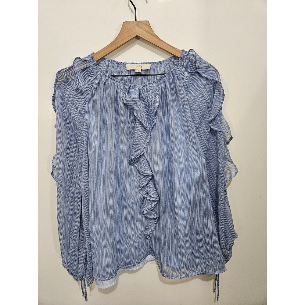LOFT XL Blue White Striped Ruffle Blouse Flutter Sleeve Coastal Preppy Top Cami